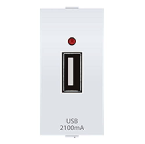 USB Charger, Single Port, 2100mA, 5V, 1Module, Anchor Ziva - White